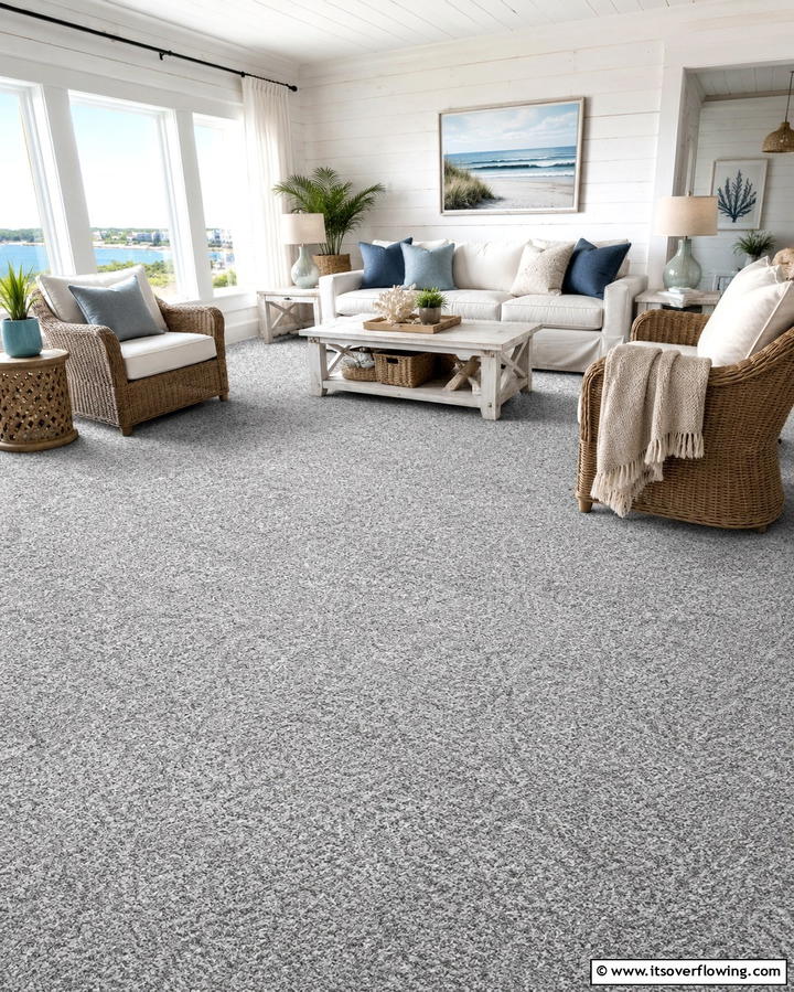 Grey Carpet in Coastal Themed Living Rooms - 30 Grey Carpet Living Room Ideas for Cozy Neutral Spaces