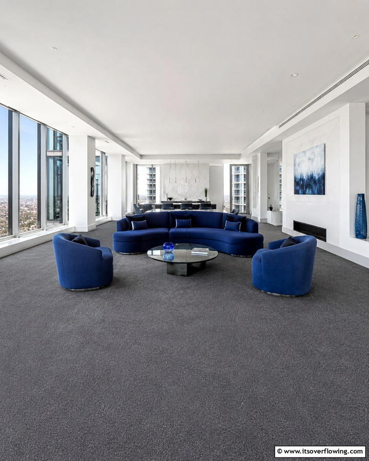 Grey Carpet with Blue Furniture - 30 Soothing Blue & Grey Living Room Designs for Relaxing Spaces