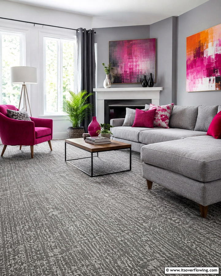 Grey Carpet with Bright Pops of Color - 30 Grey Carpet Living Room Ideas for Cozy Neutral Spaces
