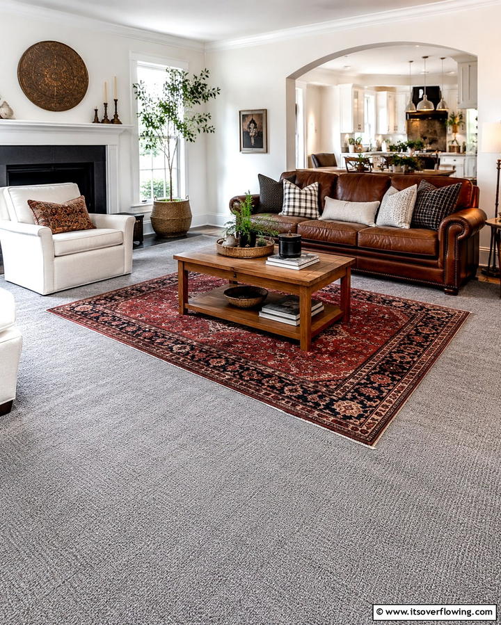Grey Carpet with Layered Rugs - 30 Grey Carpet Living Room Ideas for Cozy Neutral Spaces