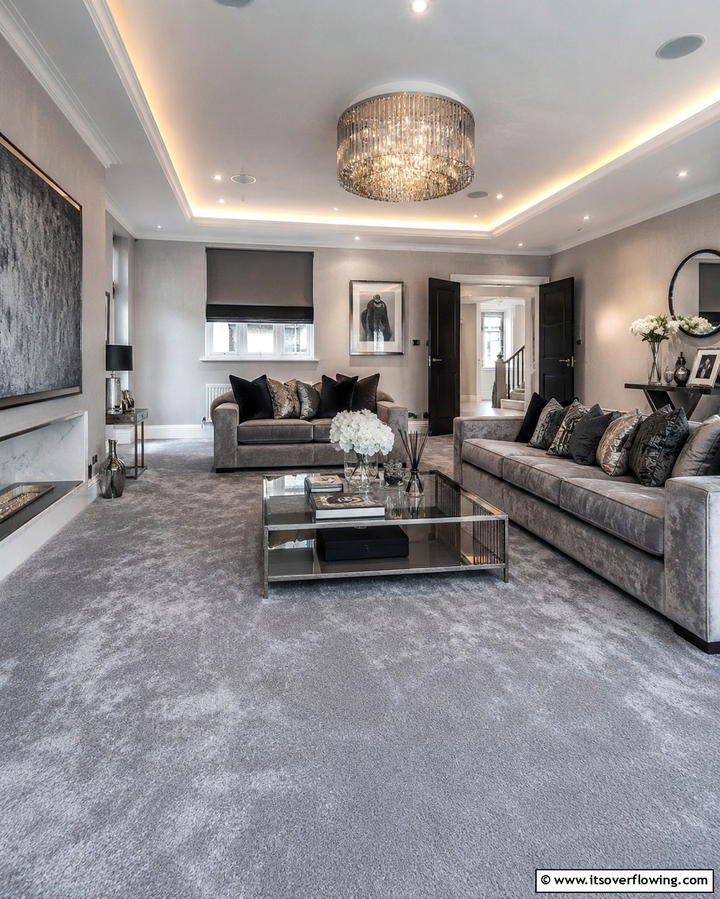Grey Carpet with Monochromatic Decor - 30 Grey Carpet Living Room Ideas for Cozy Neutral Spaces