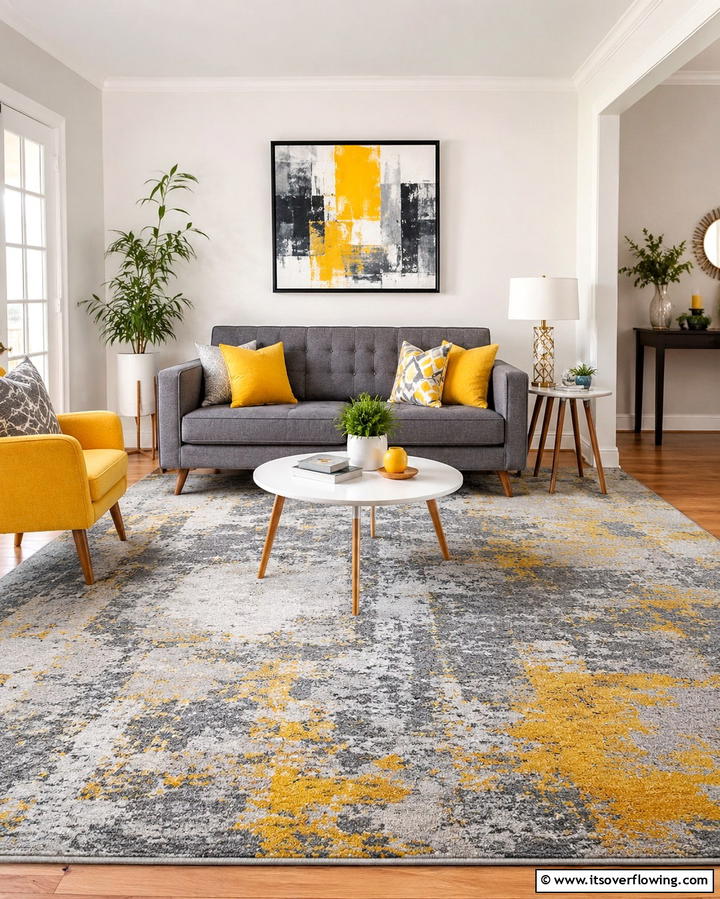 Grey Carpet with Pops of Yellow - 30 Grey Carpet Living Room Ideas for Cozy Neutral Spaces