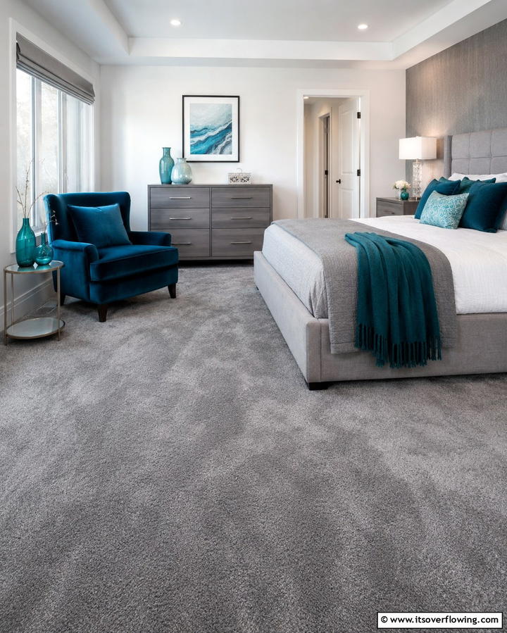 Grey Carpet with Teal Accents - 20 Teal and Grey Bedroom Ideas for a Modern Look