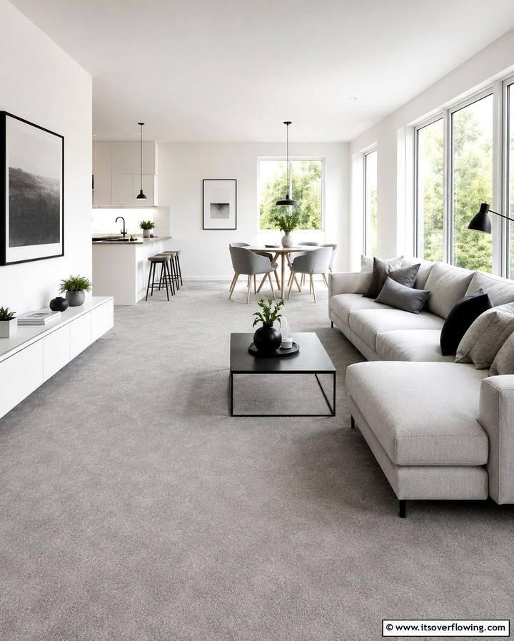 Grey Carpet with White Walls for a Clean Look - 30 Grey Carpet Living Room Ideas for Cozy Neutral Spaces