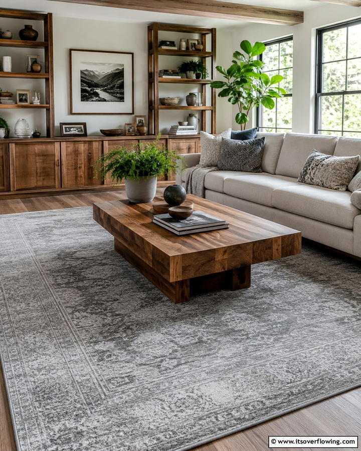 Grey Carpet with Wooden Furniture - 30 Grey Carpet Living Room Ideas for Cozy Neutral Spaces