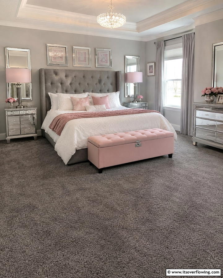 Grey Carpets with Pink Accents - 25 Pink and Grey Bedroom Ideas for a Serene Space