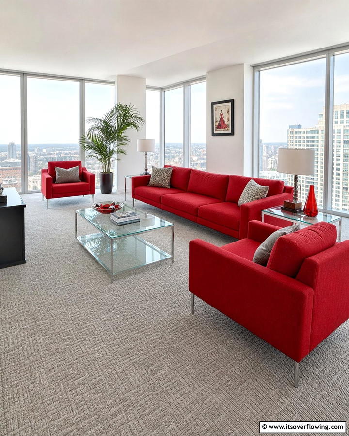 Grey Carpets with Red Furniture - 25 Red and Grey Living Room Ideas for a Modern Touch