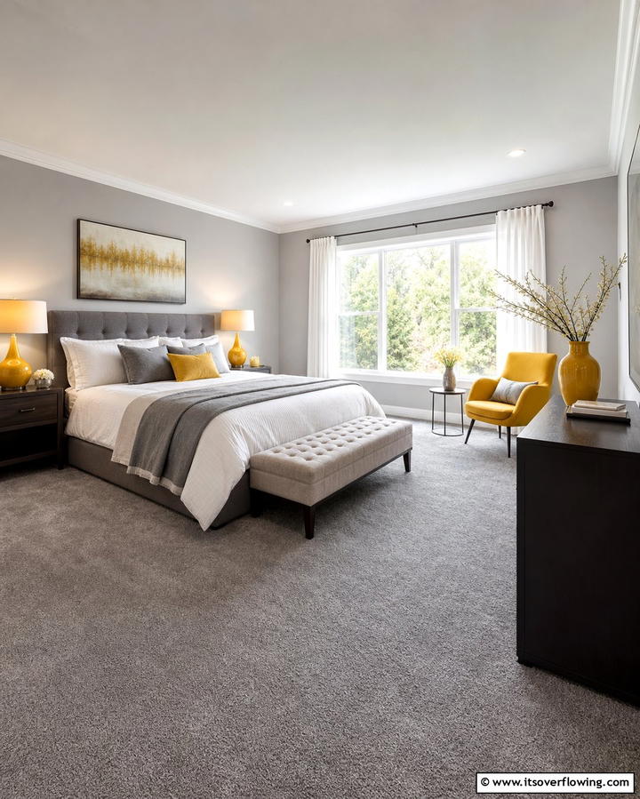 Grey Carpets with Yellow Accents - 25 Yellow and Grey Bedroom Ideas for a Chic Look