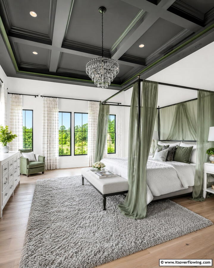 Grey Ceiling with Green Accents - 25 Modern Green and Grey Bedroom Design Ideas
