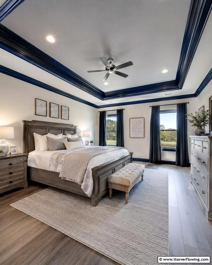 Grey Ceiling with Navy Blue Trim - 25 Navy Blue and Grey Bedroom Ideas for Modern Style