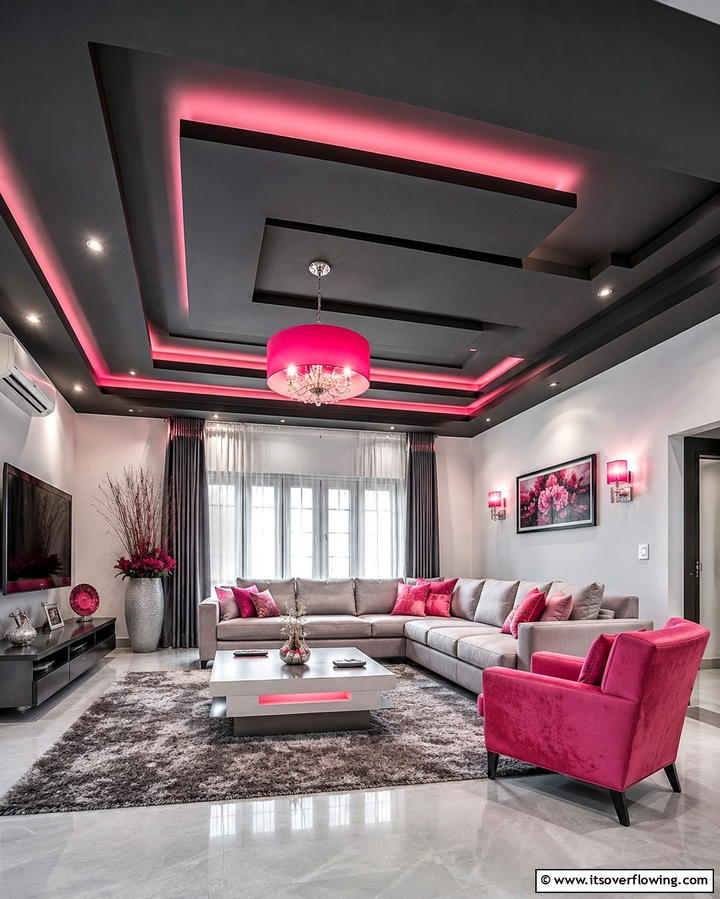 Grey Ceiling with Pink Highlights - 25 Pink and Grey Living Room Ideas for a Chic Space