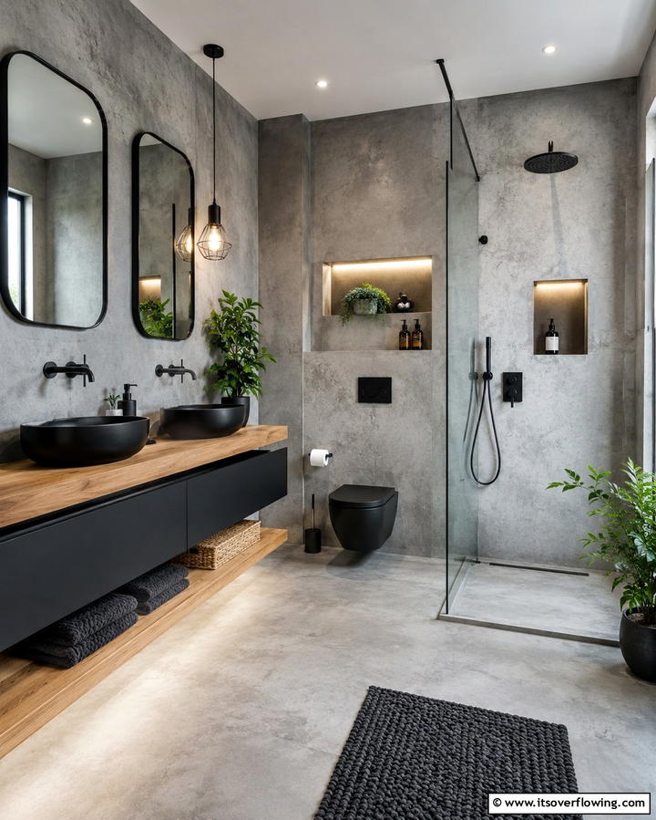 Grey Cement Walls with Black Accents - 25 Black and Grey Bathroom Ideas for a Sleek Design