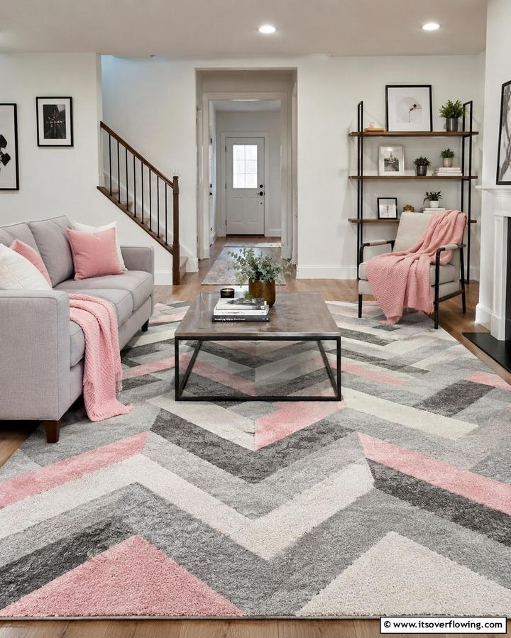 Grey Chevron Pattern Rug with Pink Accents - 25 Pink and Grey Living Room Ideas for a Chic Space