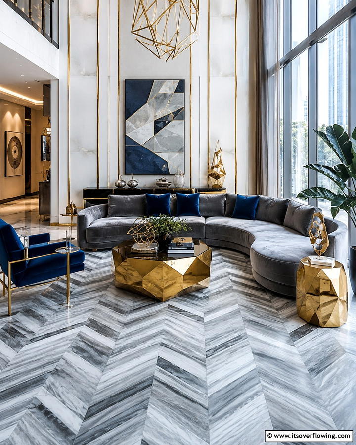 Grey Chevron Pattern for Dynamic Appeal - 30 Grey Flooring Living Room Ideas for Modern Elegance