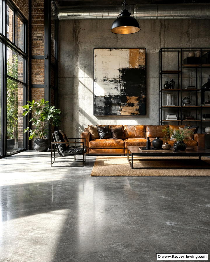 Grey Concrete Flooring for an Industrial Vibe - 30 Grey Flooring Living Room Ideas for Modern Elegance
