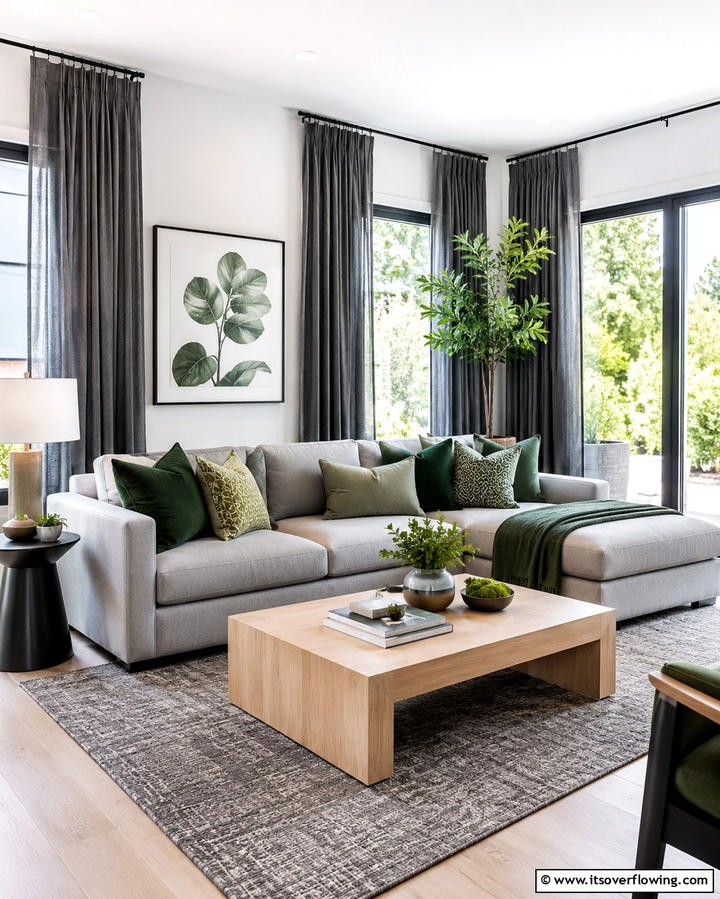 Grey Curtains with Green Cushions - 25 Green and Grey Living Room Ideas for Modern Homes