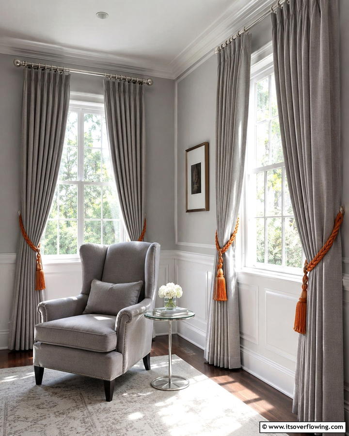 Grey Curtains with Orange Tiebacks - 25 Orange and Grey Living Room Ideas for a Modern Look