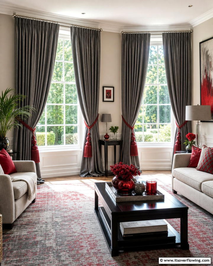 Grey Curtains with Red Tiebacks - 25 Red and Grey Living Room Ideas for a Modern Touch