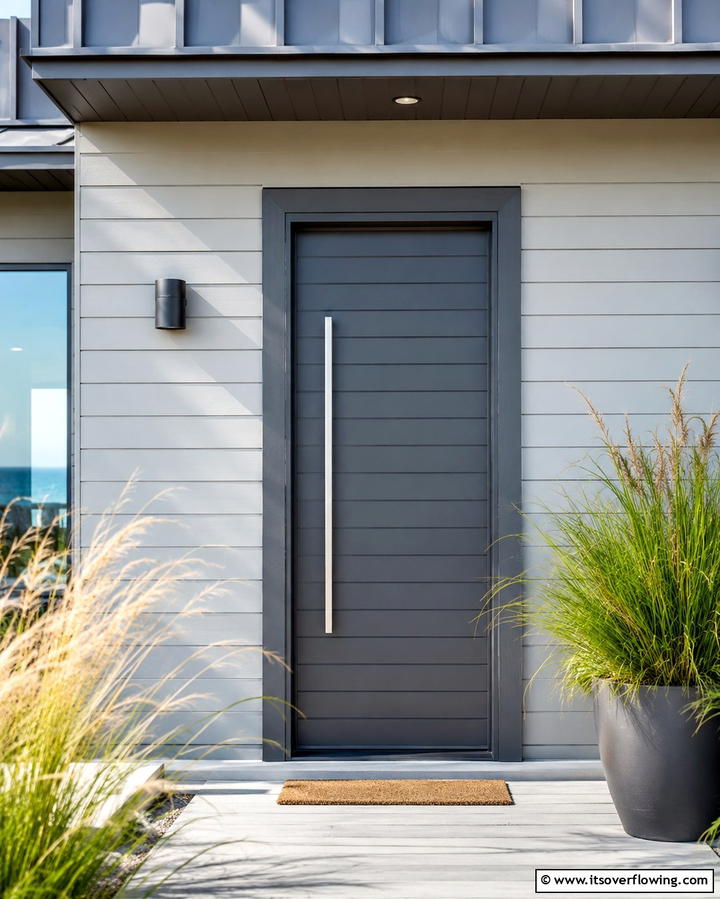 Grey Door with Horizontal Slats - 25 Grey Front Door Ideas for a Chic and Modern Entryway