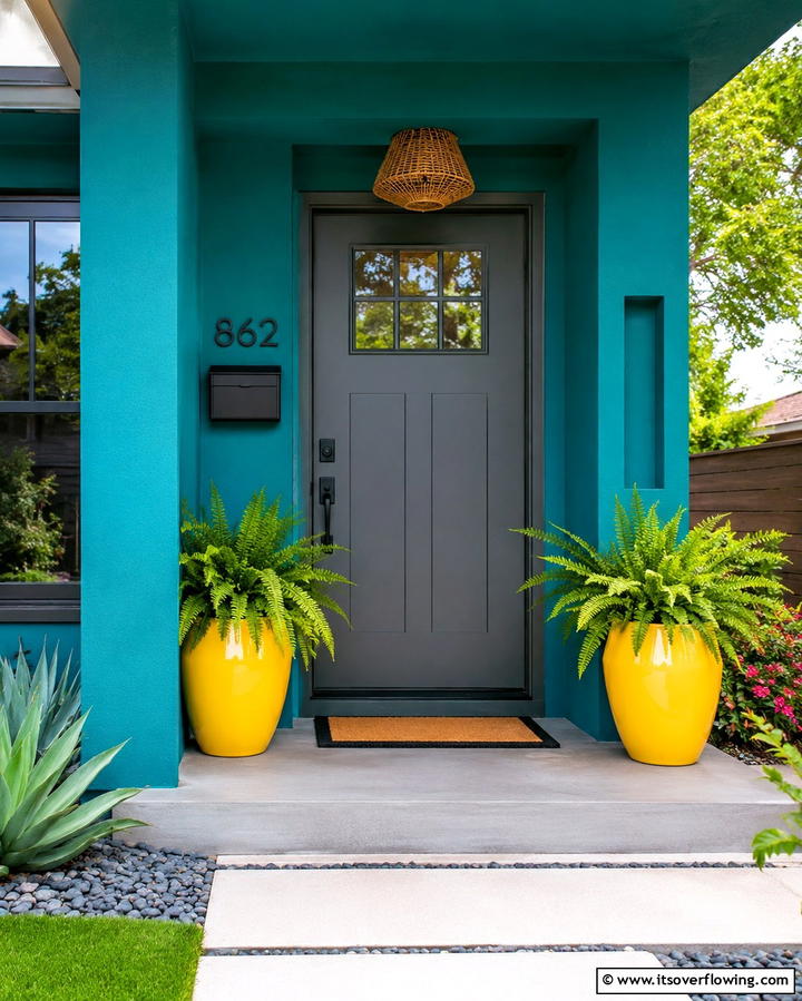 Grey Door with Vibrant Surrounding Colors - 25 Grey Front Door Ideas for a Chic and Modern Entryway