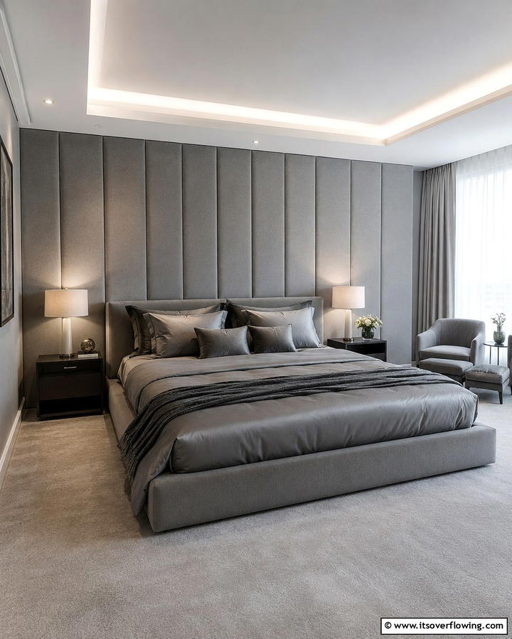 Grey Fabric Padded Panels - 25 Elegant Grey Headboard Bedroom Ideas for a Calm Space