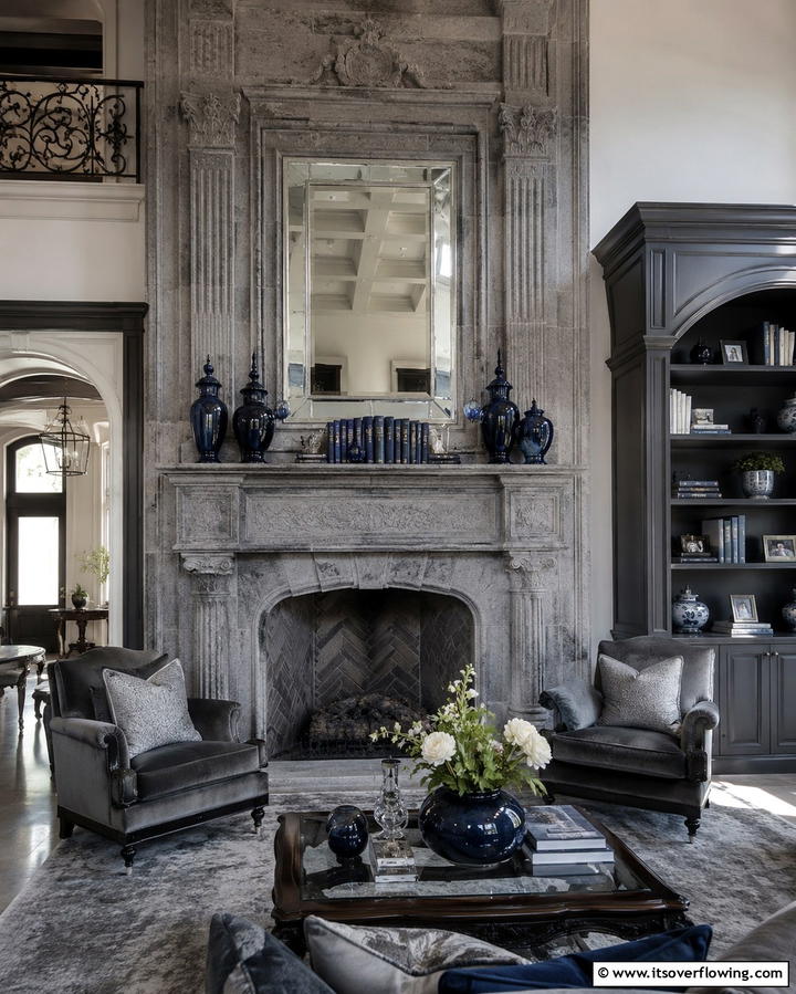 Grey Fireplace with Blue Mantel Decor - 30 Soothing Blue & Grey Living Room Designs for Relaxing Spaces