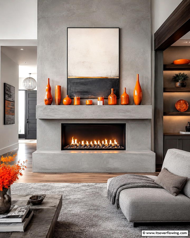 Grey Fireplace with Orange Mantel Decor - 25 Orange and Grey Living Room Ideas for a Modern Look