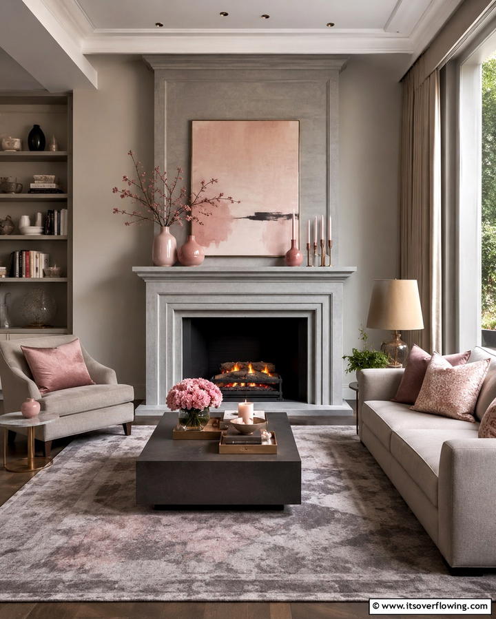 Grey Fireplace with Pink Accessories - 25 Pink and Grey Living Room Ideas for a Chic Space