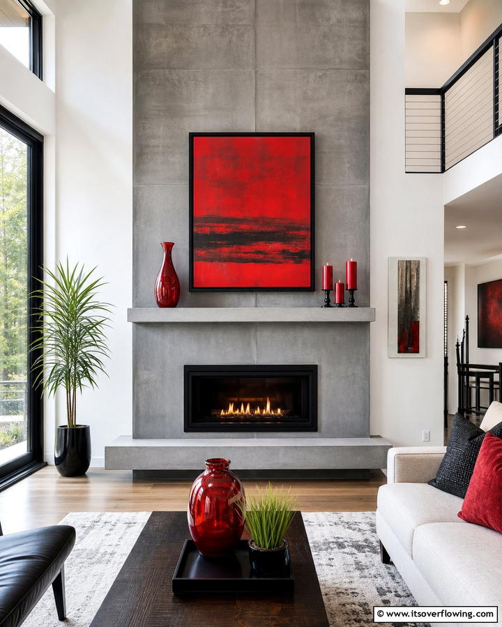 Grey Fireplace with Red Mantel Decor - 25 Red and Grey Living Room Ideas for a Modern Touch