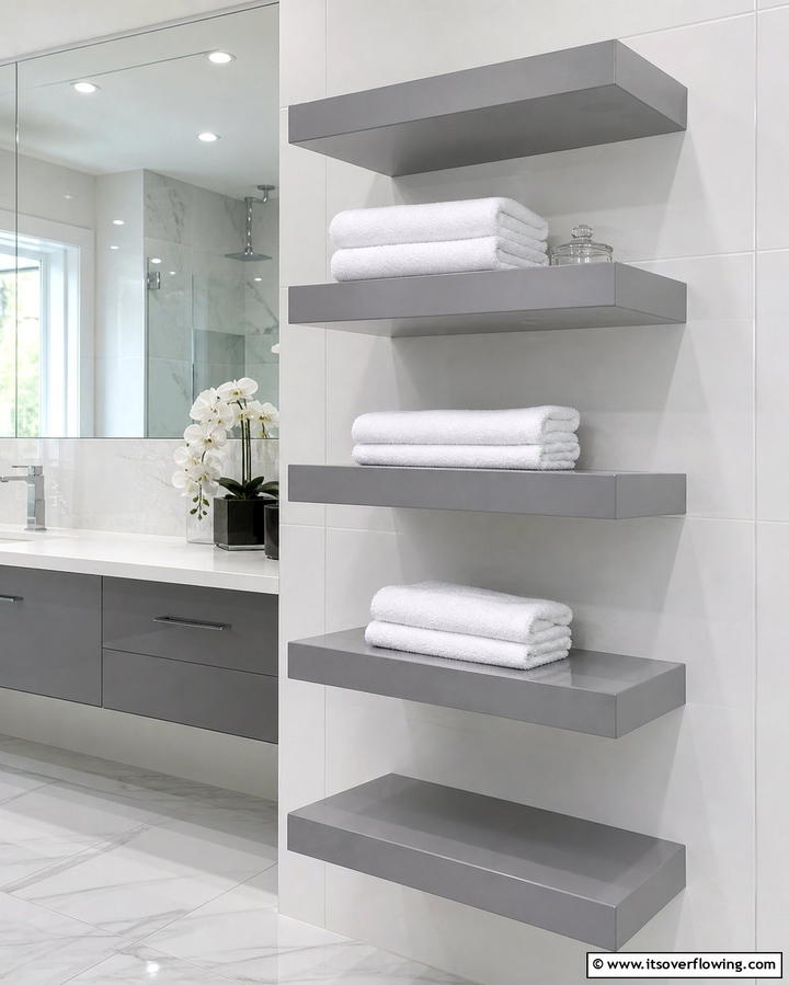 Grey Floating Shelves - 25 Grey Bathroom Ideas for a Timeless and Elegant Look