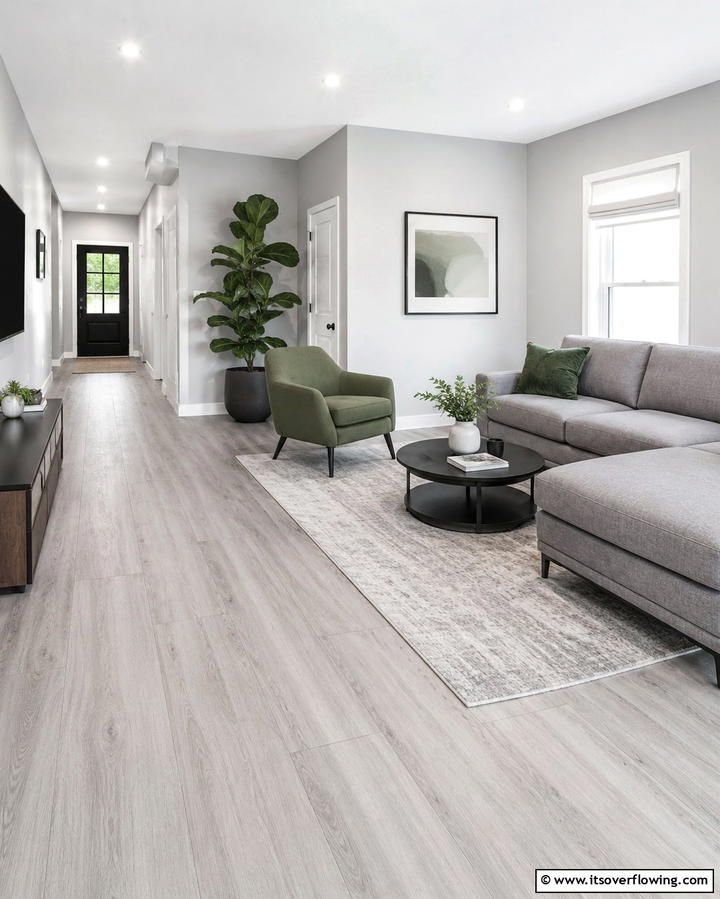 Grey Flooring with Green Accents - 25 Green and Grey Living Room Ideas for Modern Homes