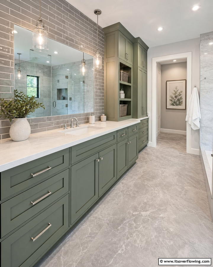 Grey Flooring with Green Cabinets - 20 Green and Grey Bathroom Ideas for a Modern Look
