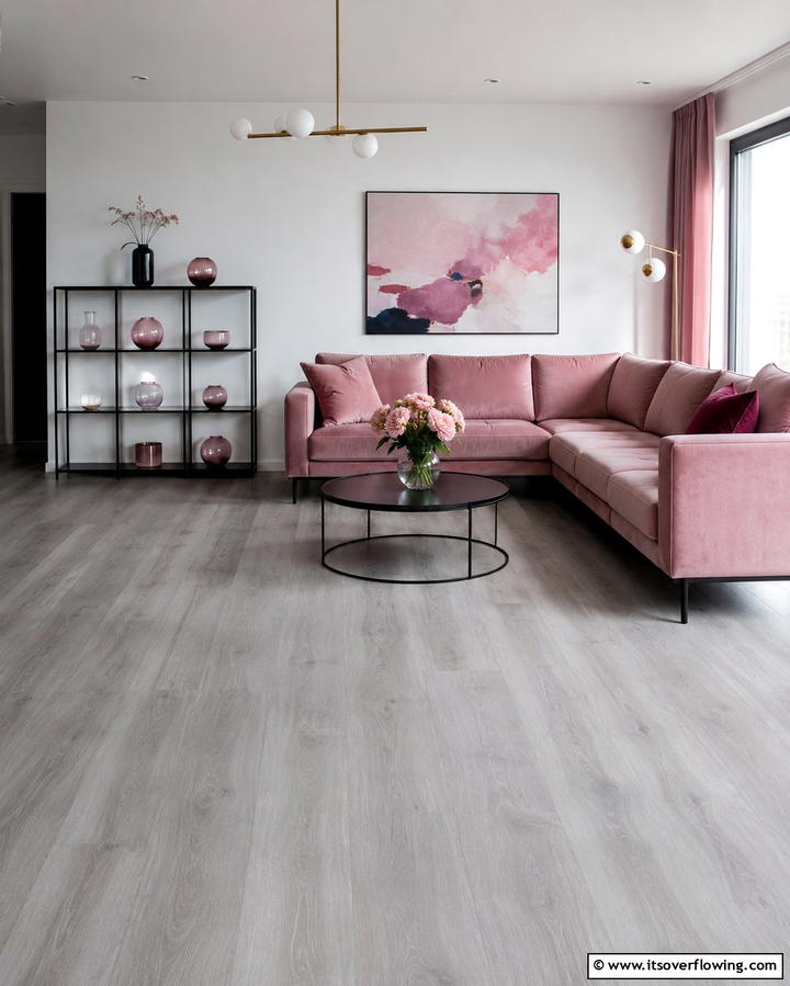 Grey Flooring with Pink Decor - 25 Pink and Grey Living Room Ideas for a Chic Space