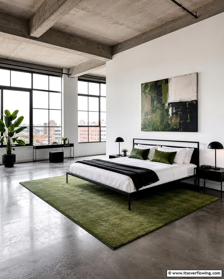Grey Floors with Green Rugs - 25 Modern Green and Grey Bedroom Design Ideas