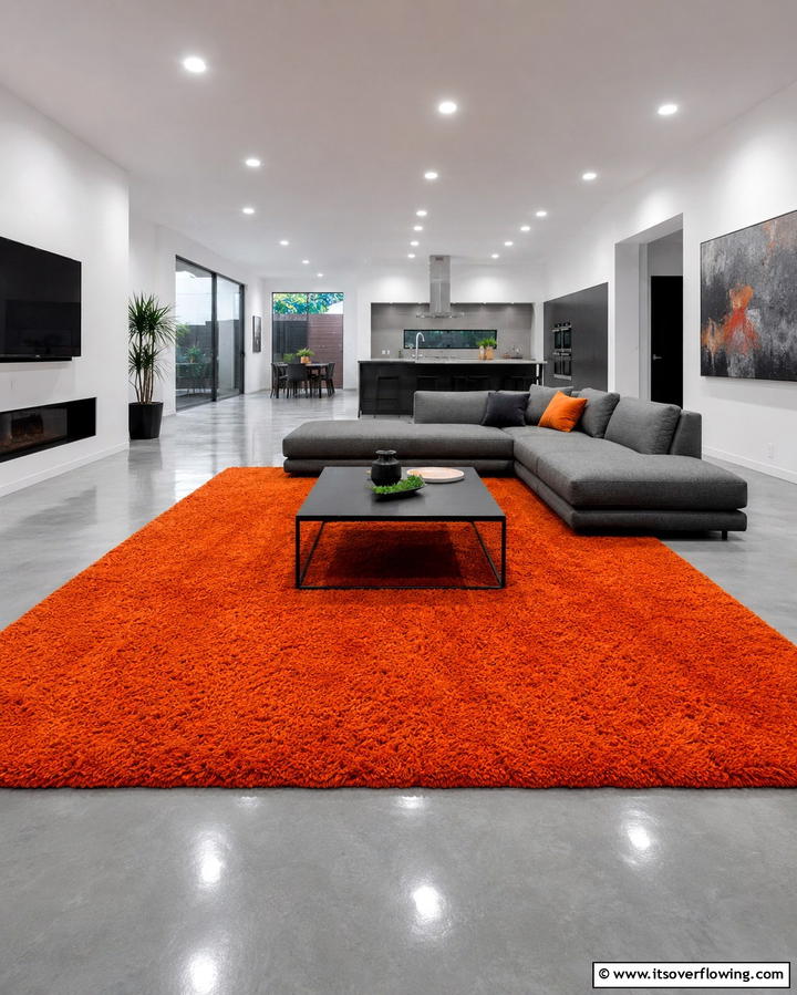 Grey Floors with Orange Rugs - 25 Orange and Grey Living Room Ideas for a Modern Look