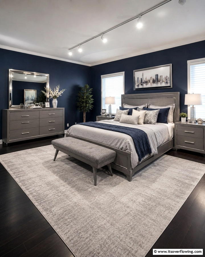 Grey Furniture Against Navy Walls - 25 Navy Blue and Grey Bedroom Ideas for Modern Style