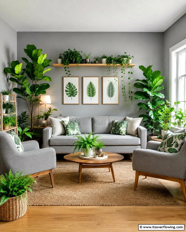 Grey Furniture with Botanical Greenery - 25 Green and Grey Living Room Ideas for Modern Homes