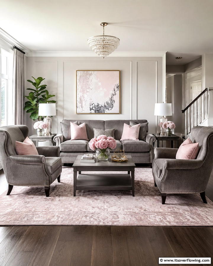 Grey Furniture with Pink Accents - 25 Pink and Grey Living Room Ideas for a Chic Space