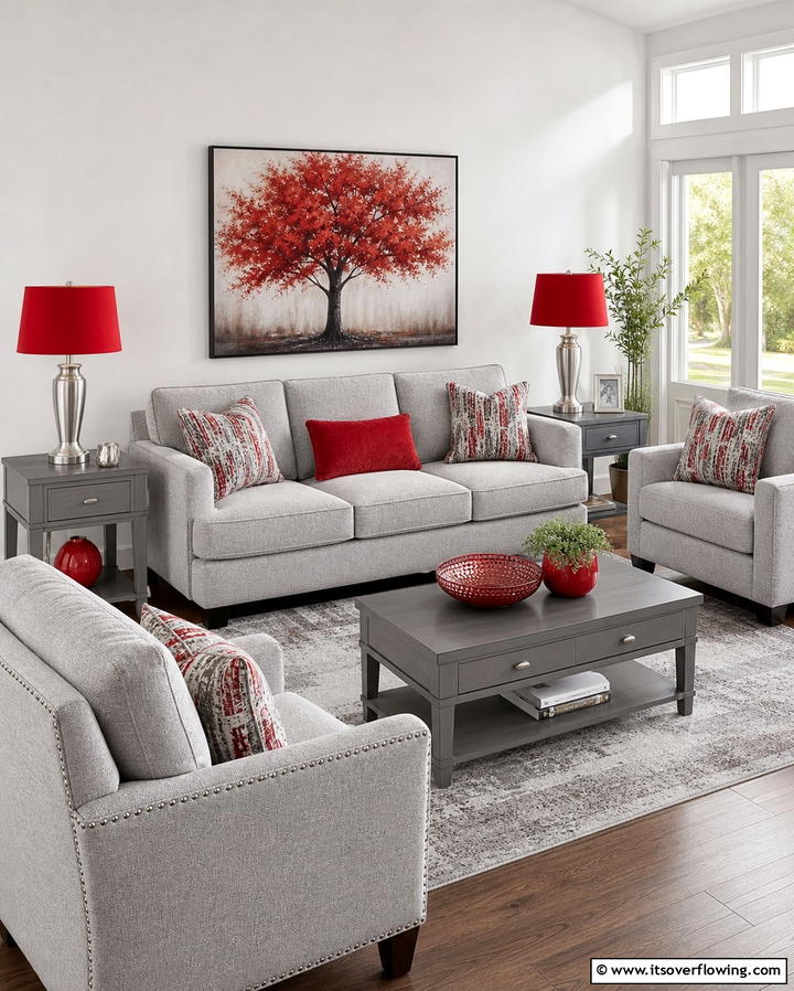 Grey Furniture with Red Lampshades - 25 Red and Grey Living Room Ideas for a Modern Touch