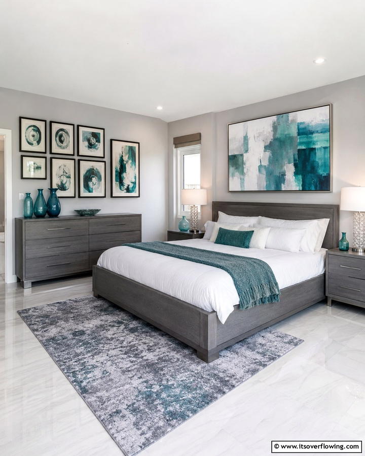 Grey Furniture with Teal Wall Art - 20 Teal and Grey Bedroom Ideas for a Modern Look