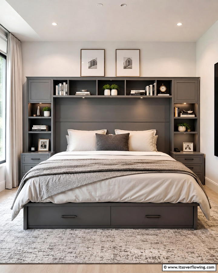 Grey Headboard with Built In Shelving - 25 Elegant Grey Headboard Bedroom Ideas for a Calm Space