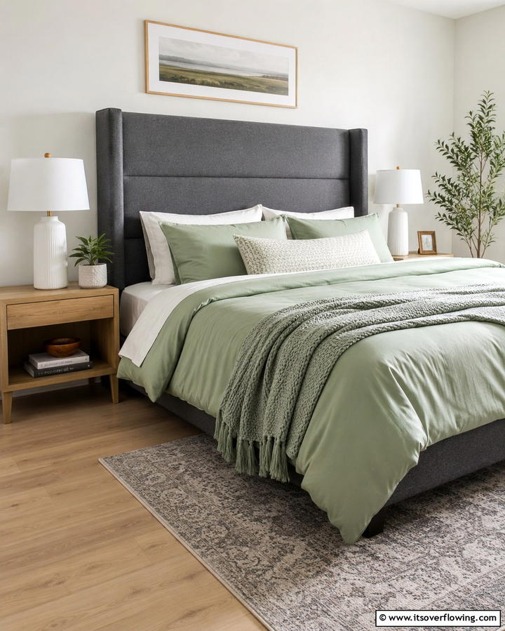 Grey Headboard with Green Bedding - 25 Modern Green and Grey Bedroom Design Ideas