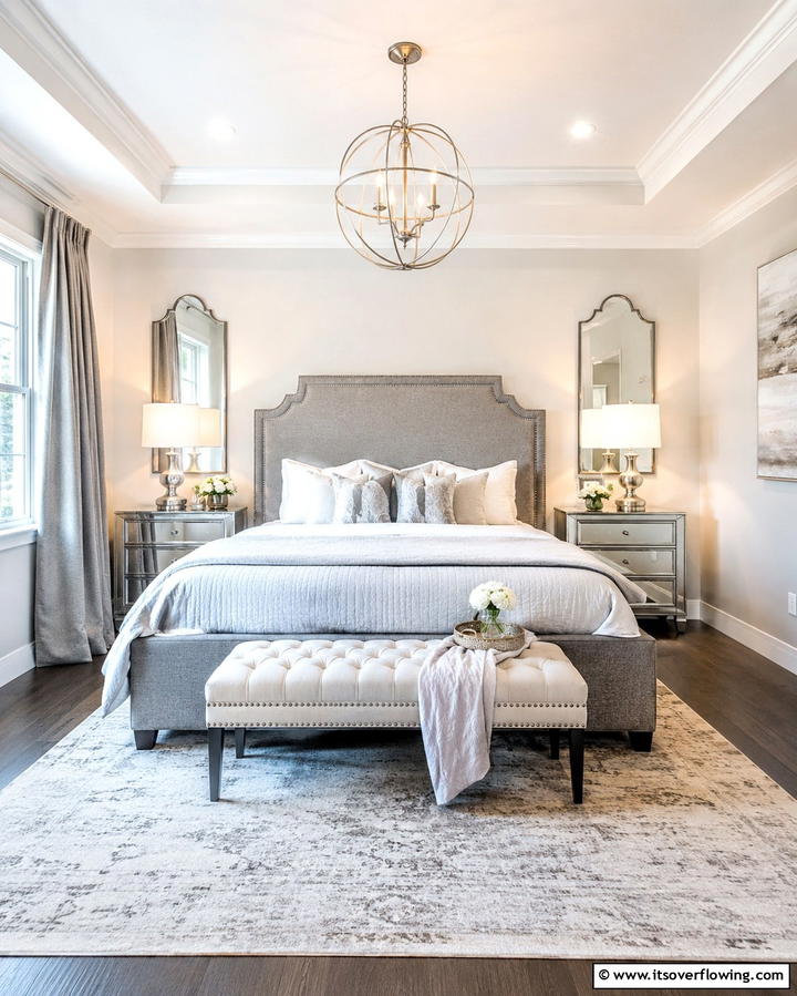 Grey Headboard with Nailhead Trim Accents - 25 Elegant Grey Headboard Bedroom Ideas for a Calm Space