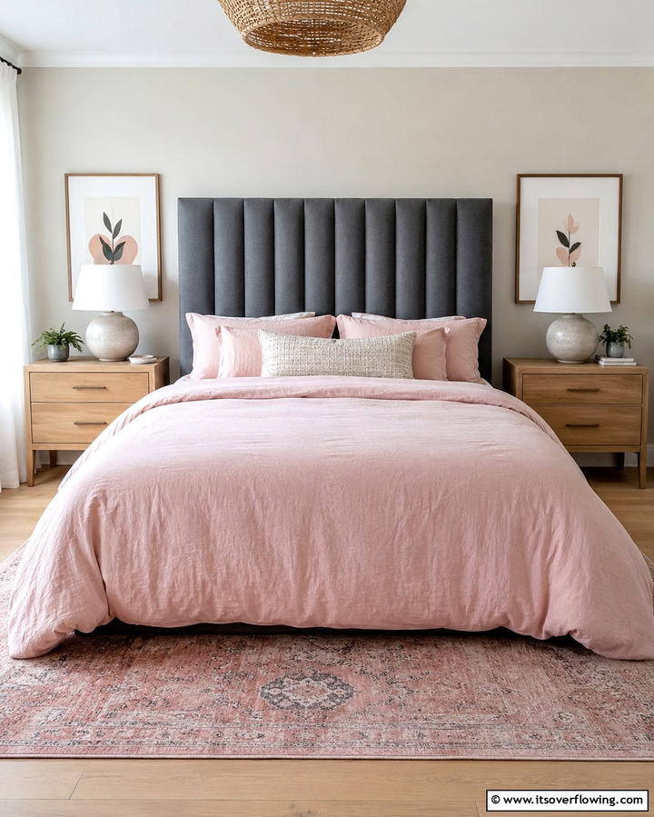 Grey Headboard with Pink Bedding - 25 Pink and Grey Bedroom Ideas for a Serene Space