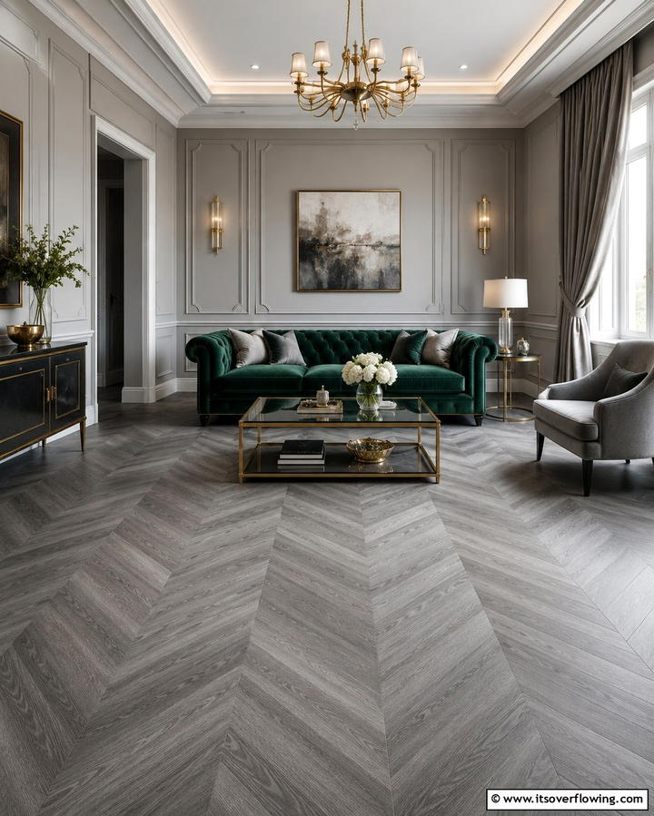 Grey Herringbone Flooring for a Classic Appeal - 30 Grey Flooring Living Room Ideas for Modern Elegance