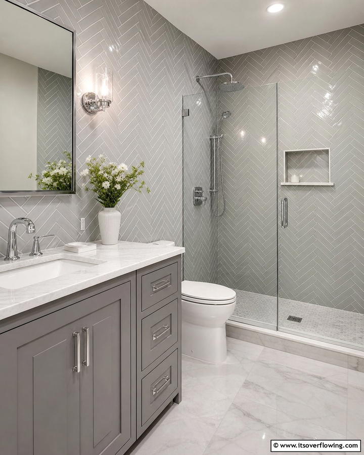 Grey Herringbone Pattern - 25 Grey Bathroom Ideas for a Timeless and Elegant Look