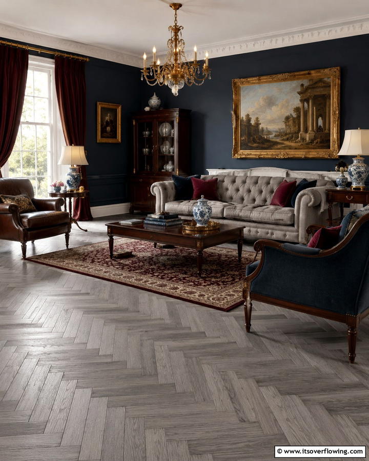 Grey Herringbone for Timeless Elegance - 30 Grey Flooring Living Room Ideas for Modern Elegance