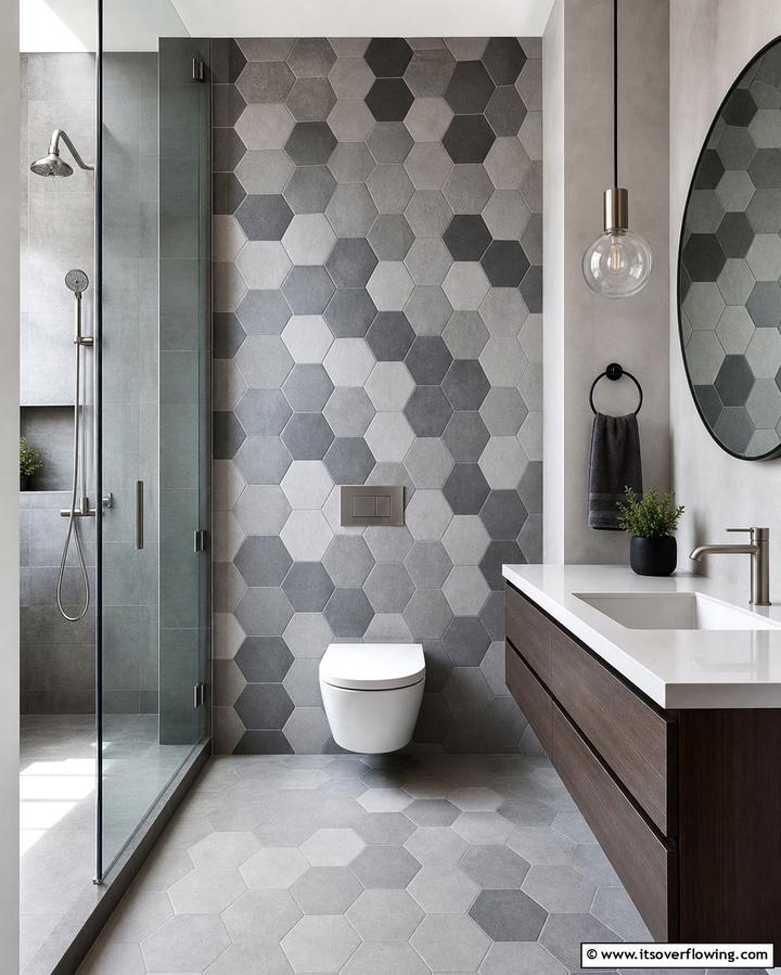Grey Hexagonal Tiles - 25 Grey Bathroom Ideas for a Timeless and Elegant Look