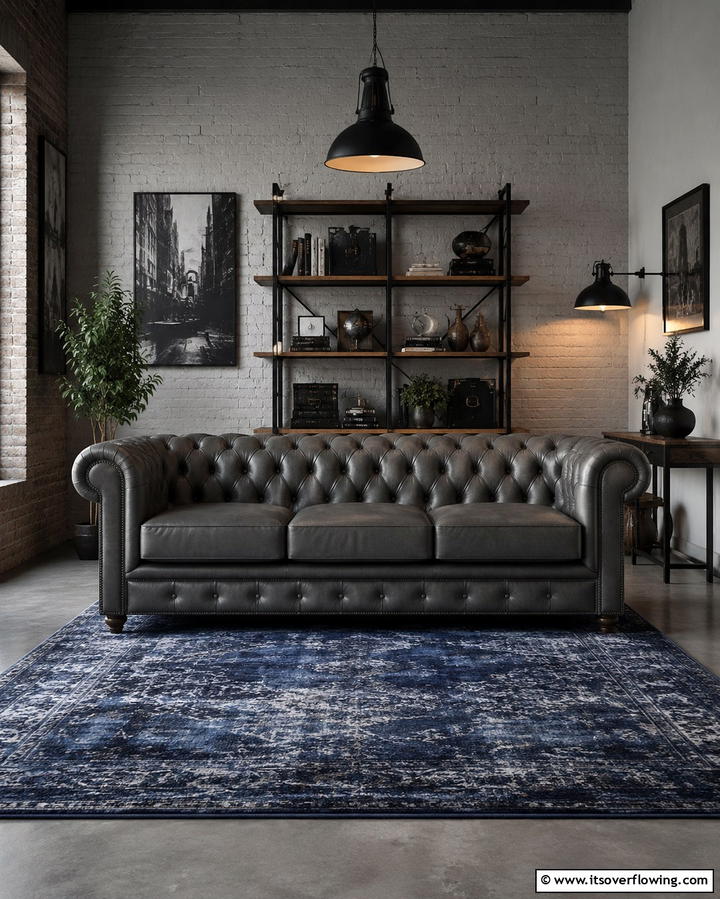 Grey Leather Sofa with Blue Area Rug - 30 Soothing Blue & Grey Living Room Designs for Relaxing Spaces
