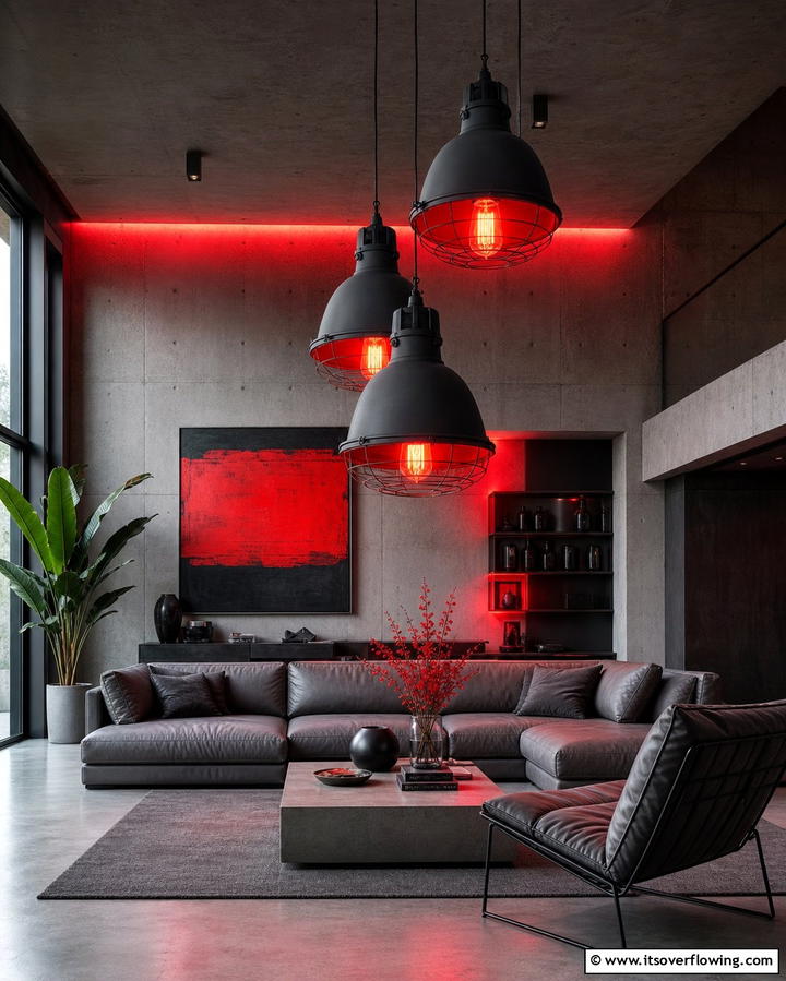 Grey Lighting Fixtures with Red Bulbs - 25 Red and Grey Living Room Ideas for a Modern Touch